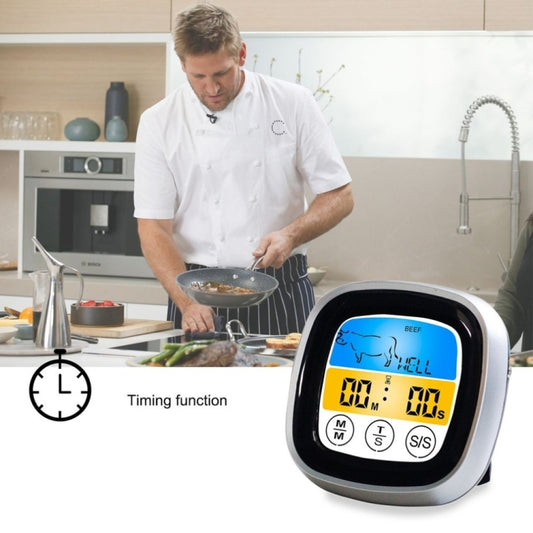 Digital touch barbecue thermometer with black housing, silver frame, and blue/yellow screen display