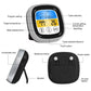 Touch barbecue thermometer with black back, silver frame, touch buttons, and battery compartment