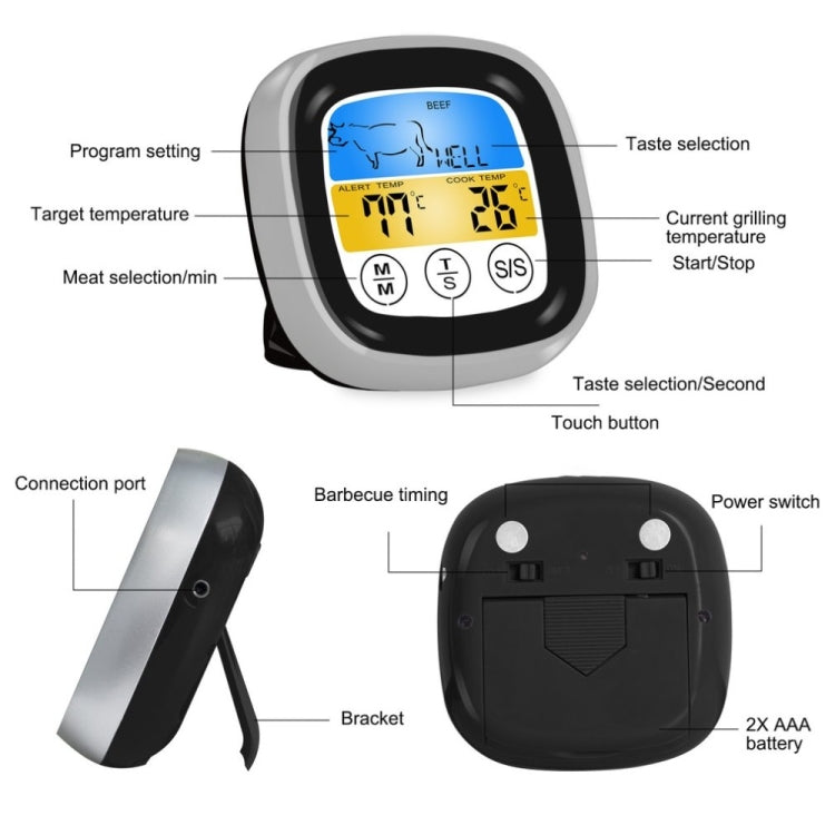 Touch barbecue thermometer with black back, silver frame, touch buttons, and battery compartment