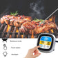 Digital touch barbecue thermometer with black body, silver frame, blue backlit display, touch control