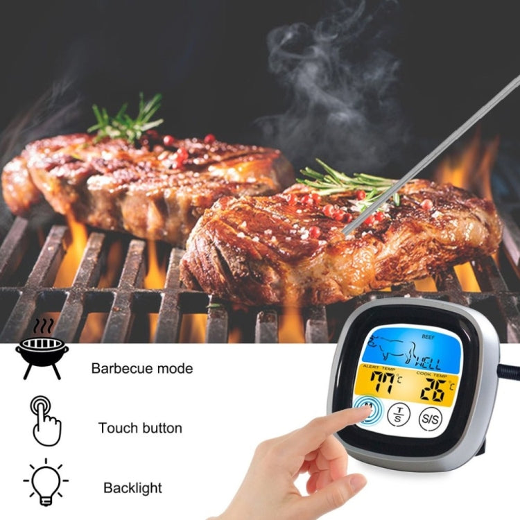 Digital touch barbecue thermometer with black body, silver frame, blue backlit display, touch control