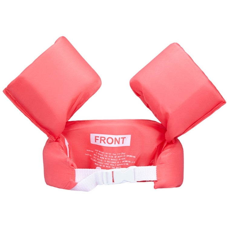 Coral-pink inflatable arm sleeves with 'FRONT' label and white strap underside
