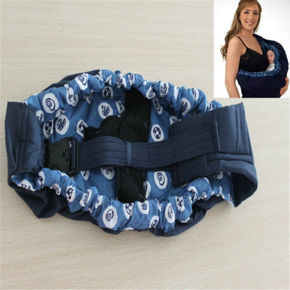 Newborn cross-body baby harness strap with blue patterned ruffled lining and padded belt