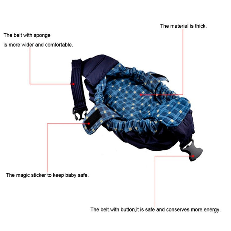 Newborn cross-body baby harness strap with blue plaid fabric, padded belt, and safety fastener
