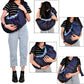Newborn cross-body baby harness strap worn on person with blue patterned lining and padded belt