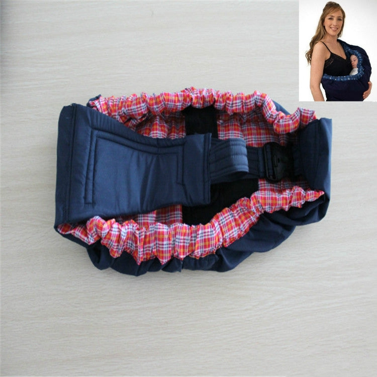 Newborn cross-body baby harness strap with red plaid ruffled lining and padded waist belt
