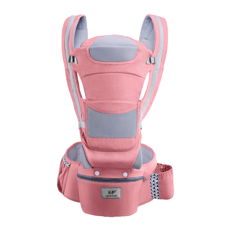 Newborn waist stool carrier with pink padded straps and front mesh panel