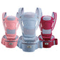 Three newborn waist stool carriers in pink, blue, and maroon with padded shoulder straps