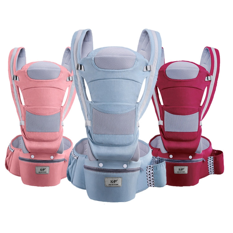 Three newborn waist stool carriers in pink, blue, and maroon with padded shoulder straps