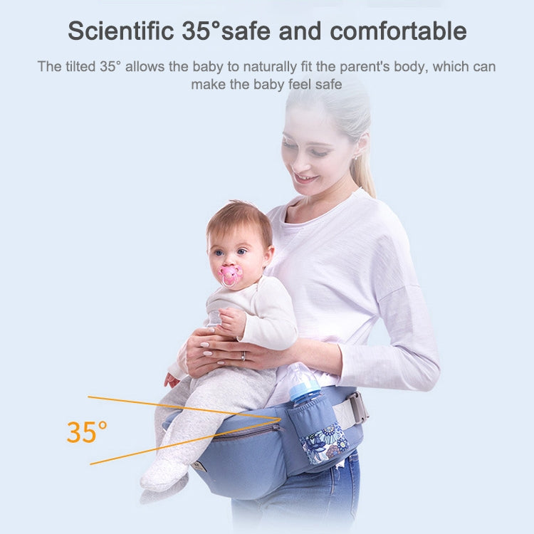 Newborn waist stool carrier in blue with supportive waistband and curved back support