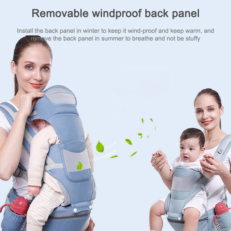Blue newborn waist stool carrier with removable windproof back panel detail