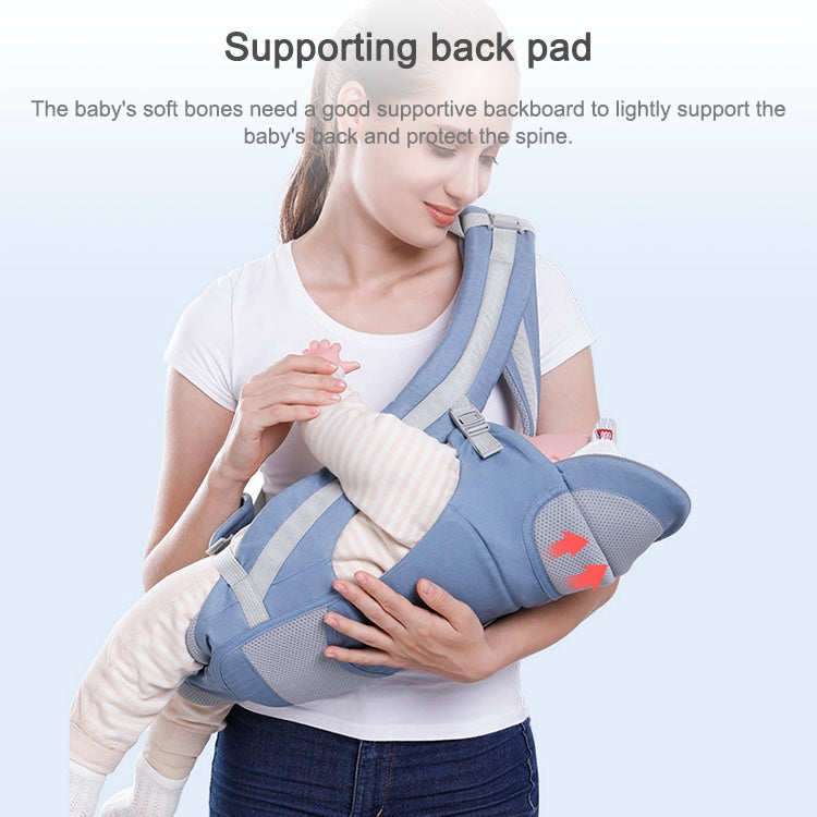 Blue newborn waist stool carrier with supportive back pad and baby leg support