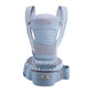 Blue newborn waist stool carrier with padded leg support and front mesh baby panel