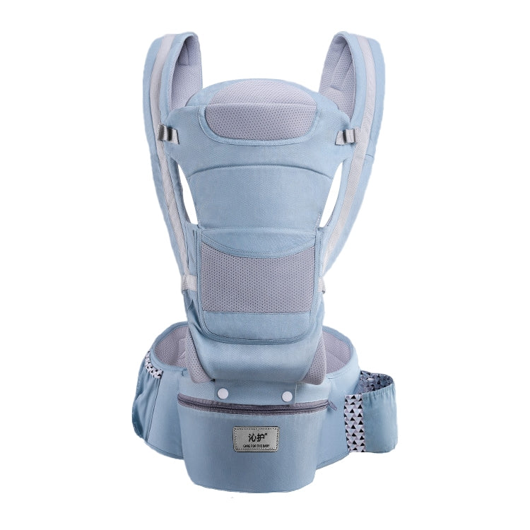Blue newborn waist stool carrier with padded leg support and front mesh baby panel