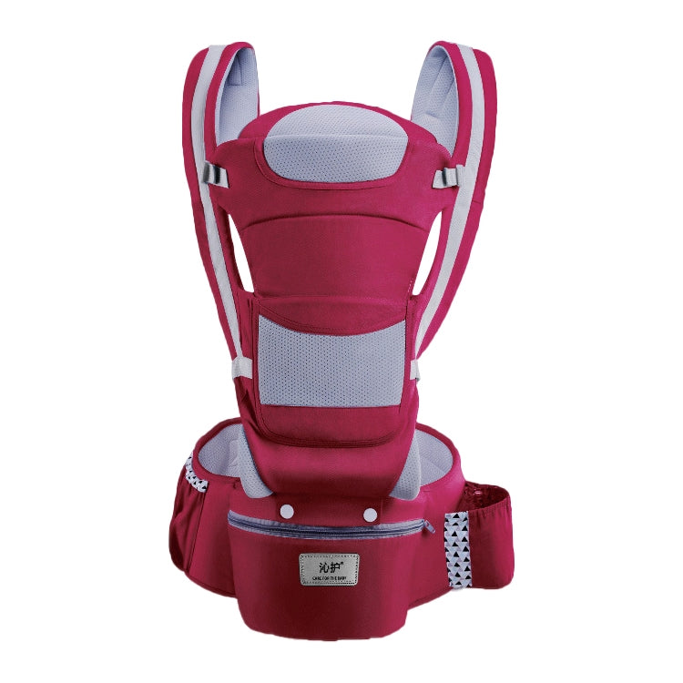 Maroon newborn baby carrier with padded shoulder straps and waist belt, mesh back panel