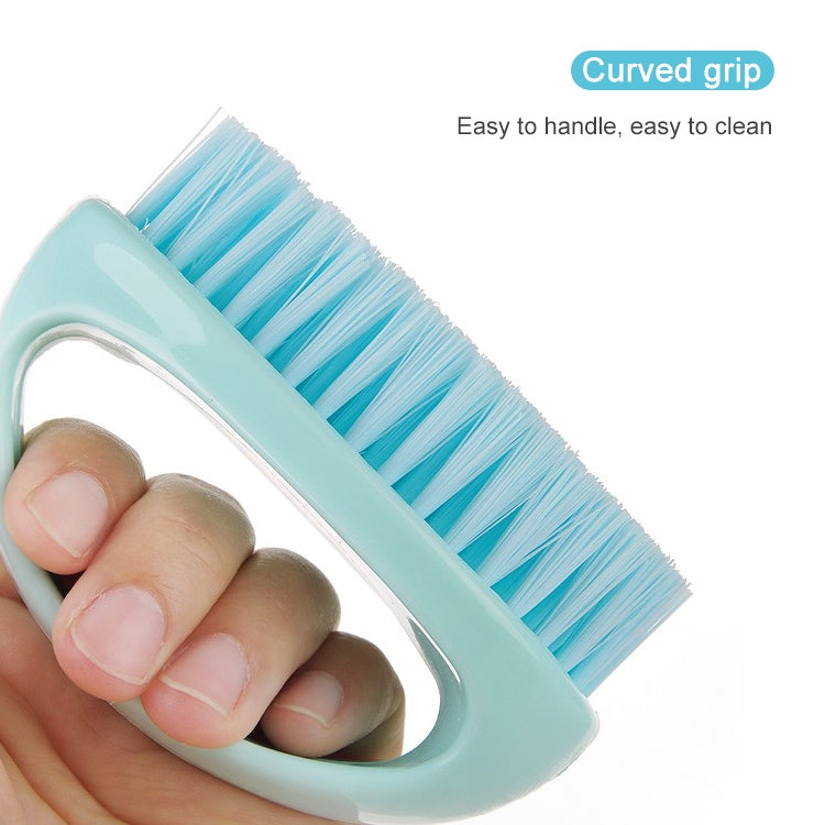 Teal handheld cleaning brush with blue bristles and curved grip handle
