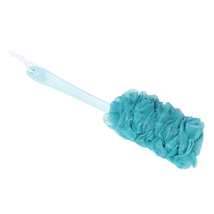 Blue long-handle bath brush with fluffy scrubbing mesh head