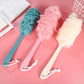 Set of long-handle bath brushes with teal, pink, and cream fluffy mesh heads