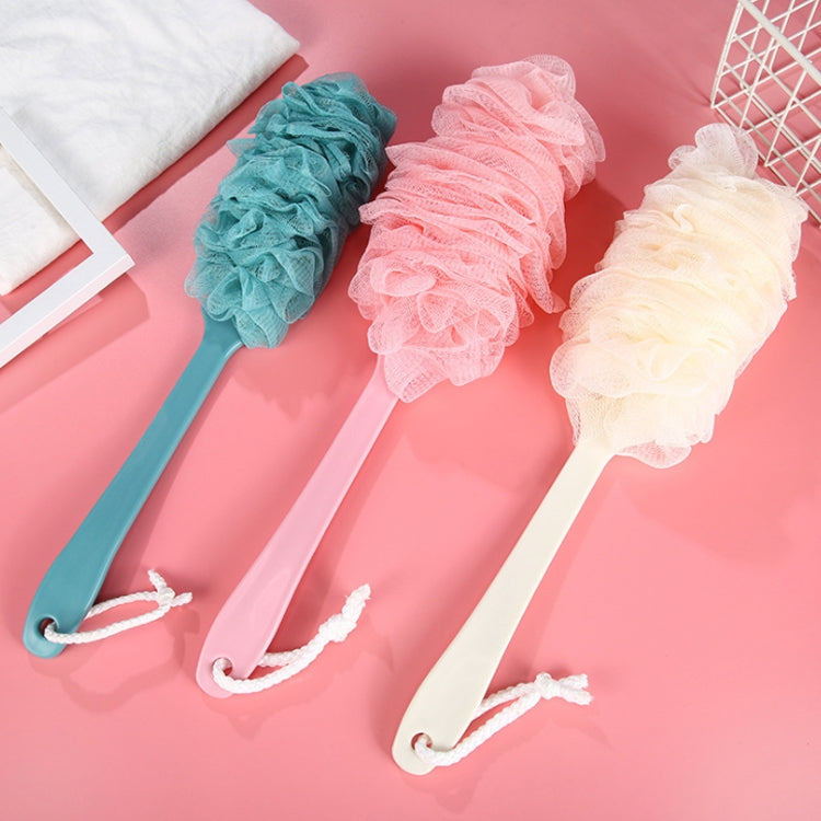 Set of long-handle bath brushes with teal, pink, and cream fluffy mesh heads