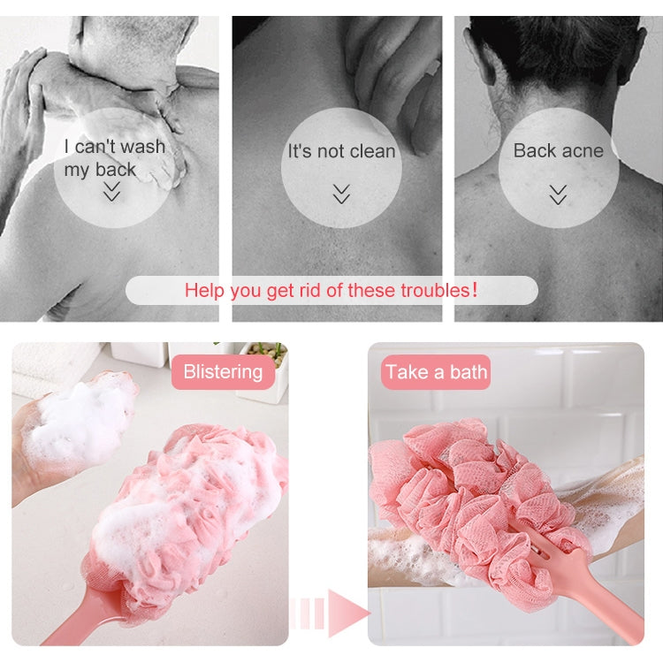 Pink long-handle bath brush with fluffy mesh scrubbing head