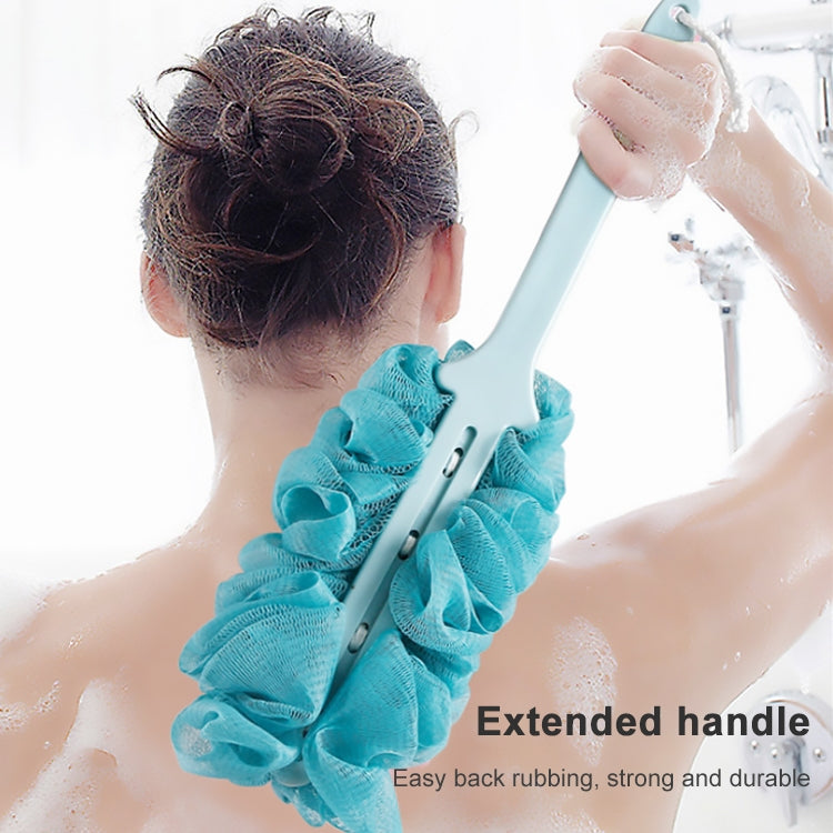 Teal bath brush with extended long handle and fluffy scrubbing mesh head