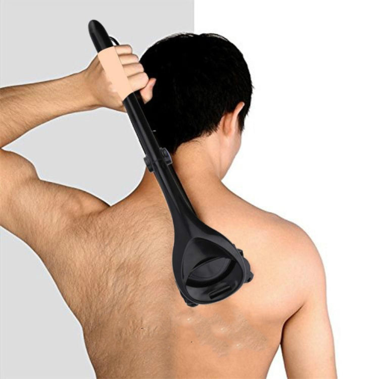 Long-handle back shaver with double-cutter head, black, used on shoulder/back