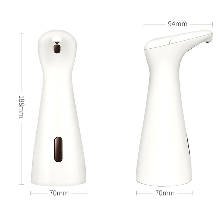 White automatic soap dispenser set, front and side view with size markers