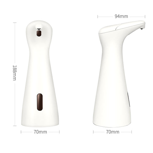 White automatic soap dispenser set, front and side view with size markers