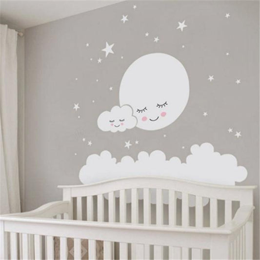 Gray moon and smiling cloud wall sticker with small star accents for kids room decor
