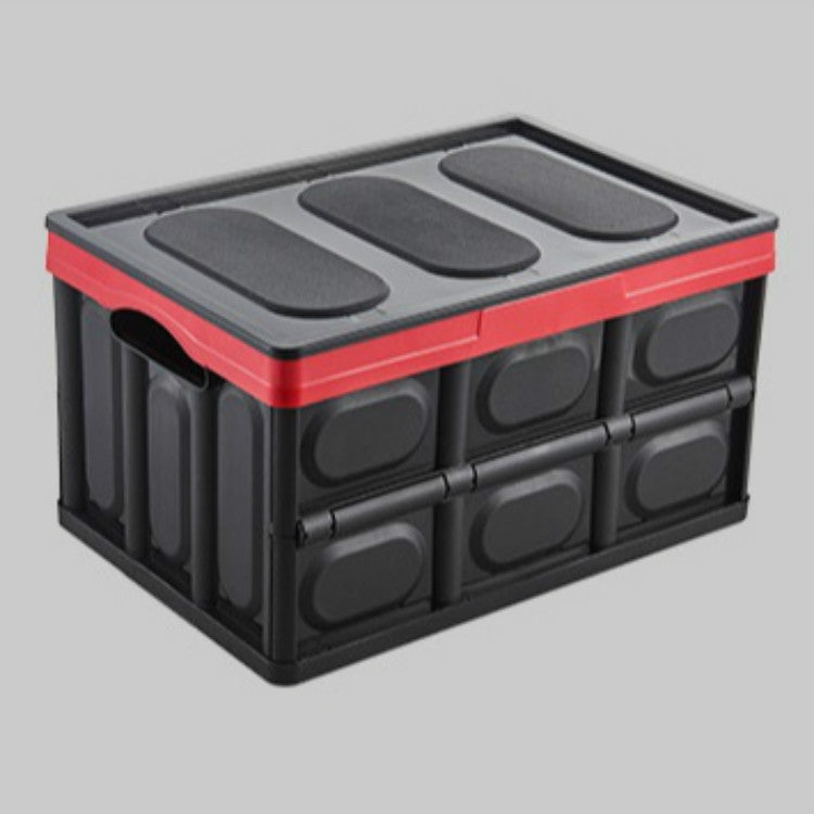 Foldable car trunk storage box, black body with red edge and molded divider panels
