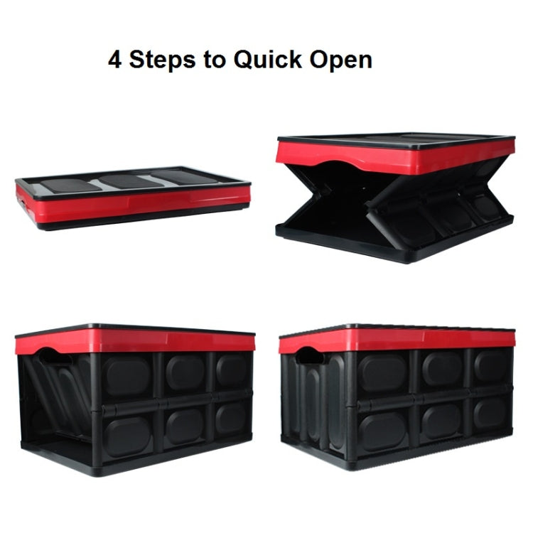 Foldable storage box with quick-open top panels, shown in multiple views