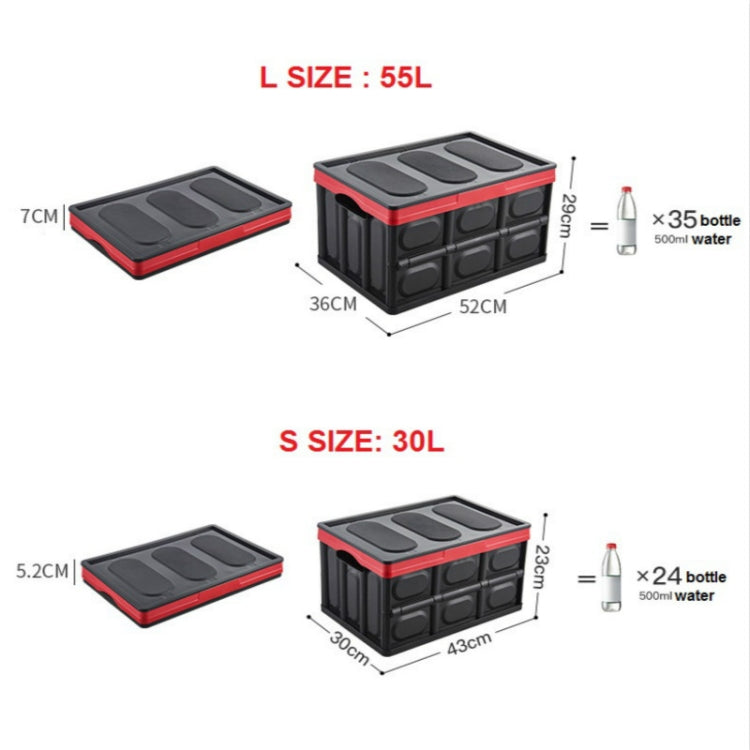 Foldable storage box size chart showing L 55L and S 30L with dimensions