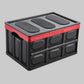 Foldable car trunk storage box, black plastic with red trim and cushioned lid inserts