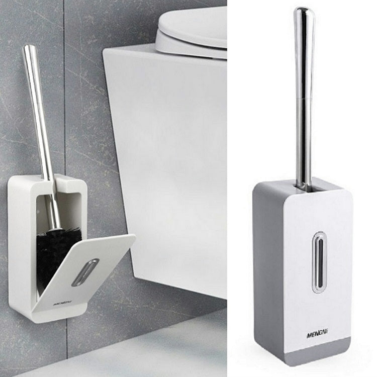 Grey and white wall toilet brush storage box with long chrome handle and suction base