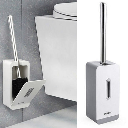 Grey and white wall toilet brush storage box with long chrome handle and suction base