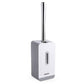 Grey and white toilet brush holder with long chrome handle and suction mount