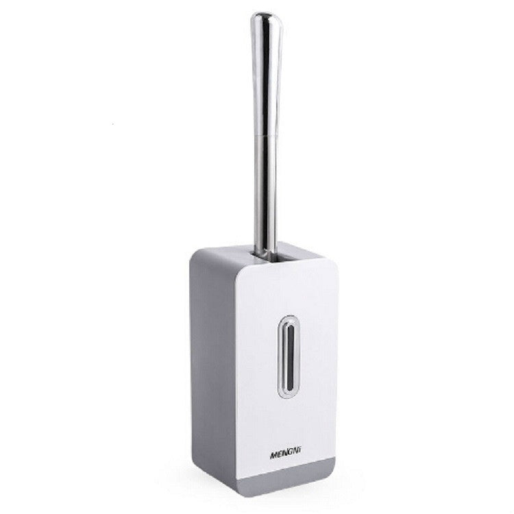Grey and white toilet brush holder with long chrome handle and suction mount