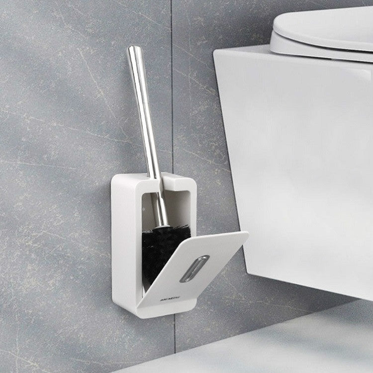 Grey and white wall-mounted toilet brush holder with long chrome handle and lid tray