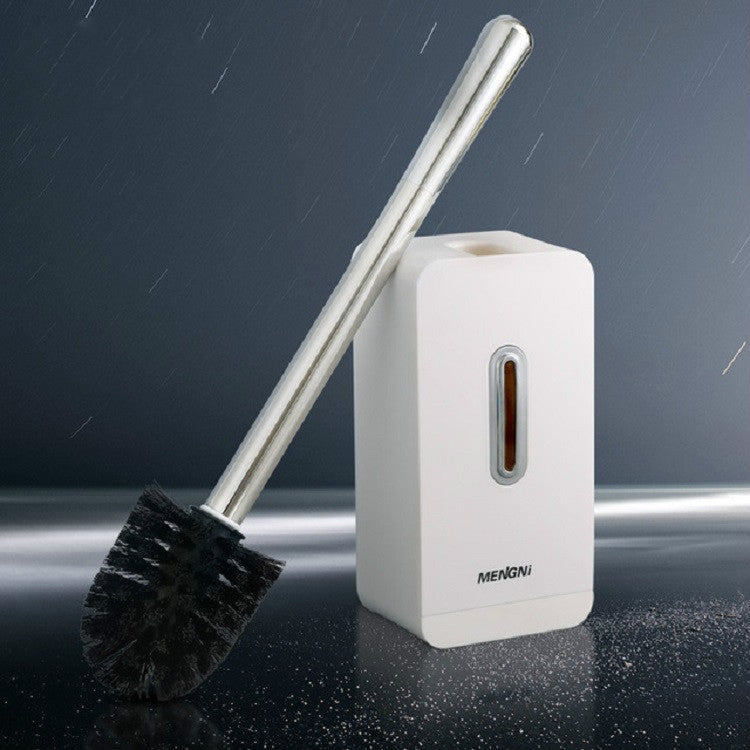 Grey and white toilet brush storage box with long chrome handle and black brush head