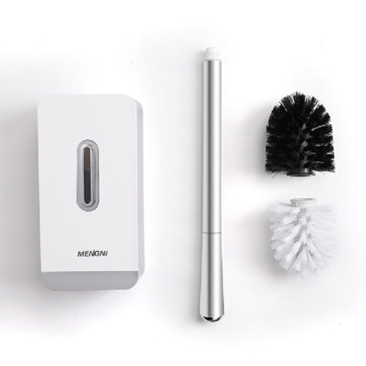 Toilet brush storage set: grey holder, long chrome handle, black and white brush heads