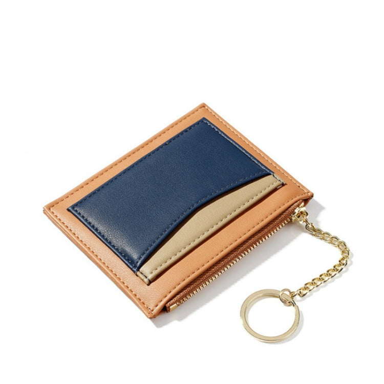 Orange mini card wallet with blue ID slot and zipper, gold-tone chain keyring