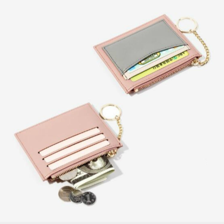 Pink mini zipper card wallet with stacked card slots design and gold chain