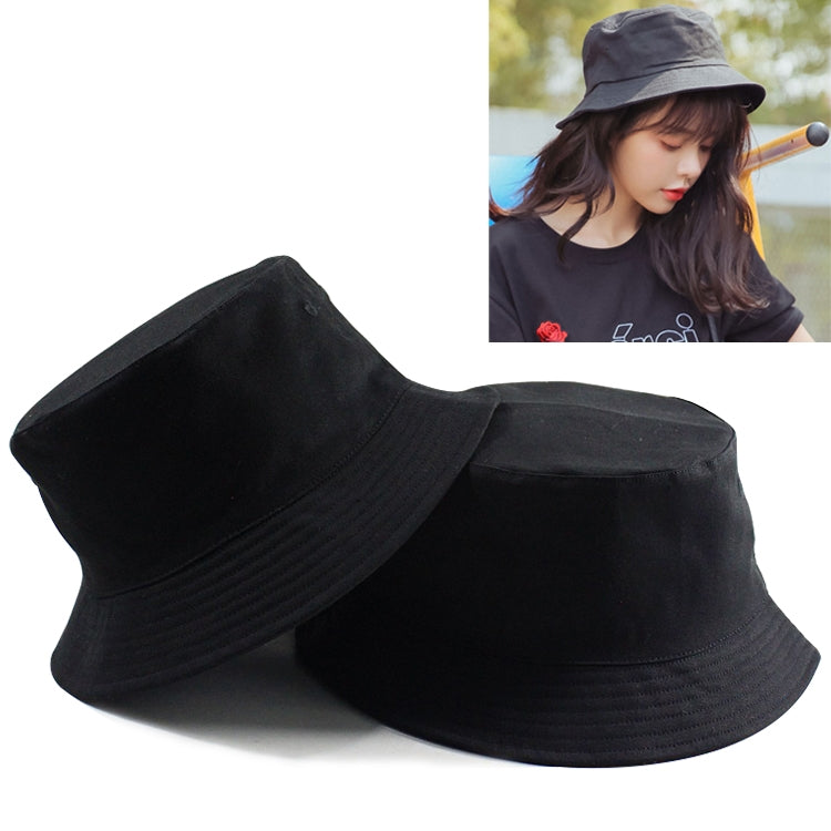 Cotton double-sided fisherman hat, black, wide brim with stitched texture and side seam