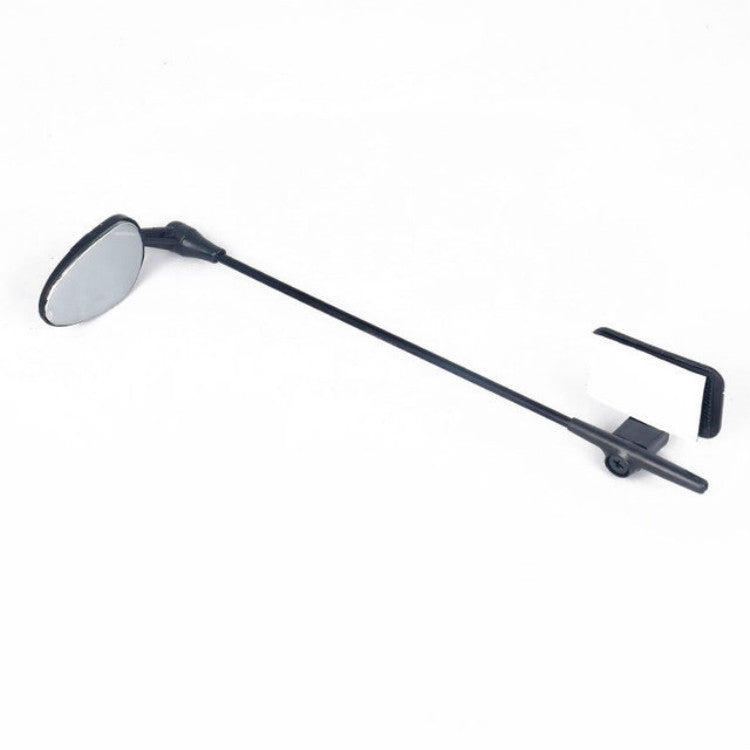 Mini bicycle rearview mirror with black arm and clip mount, oval lens