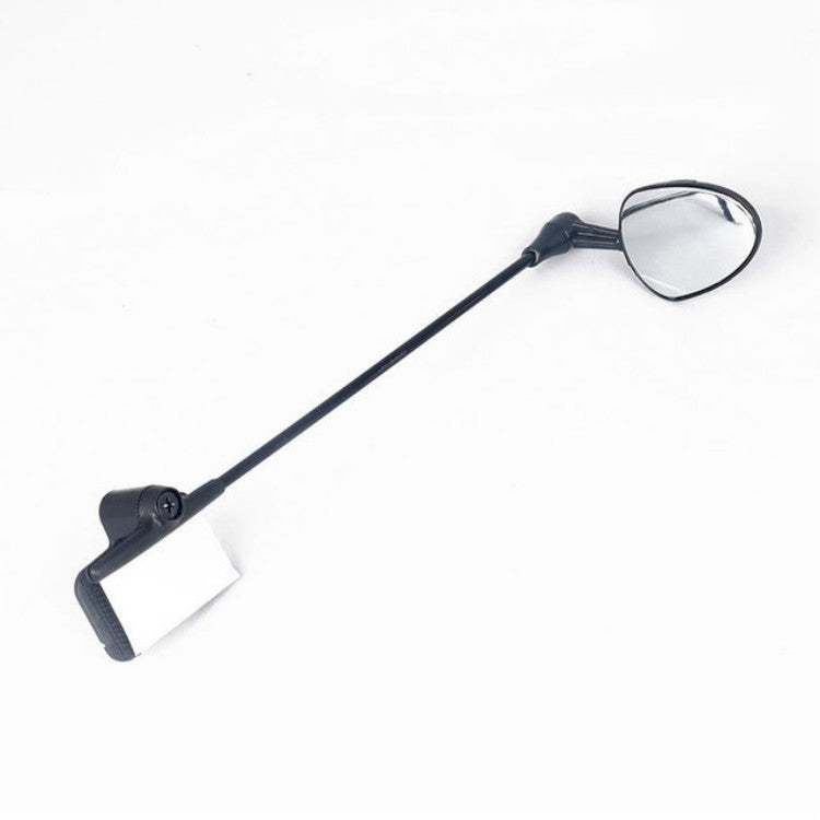 Mini bicycle rearview mirror with helmet-style clamp and oval lens on arm