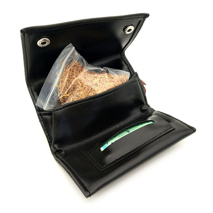 Portable PU leather tobacco storage bag, open black with snap closure and inner compartments
