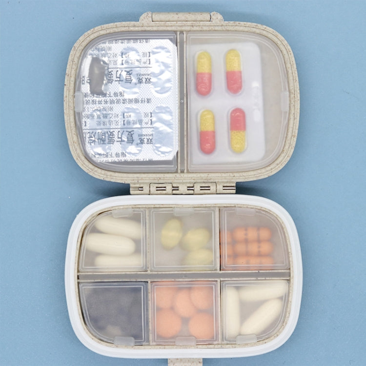 Portable straw pill storage box, beige open case with 8-grid double-layer compartments
