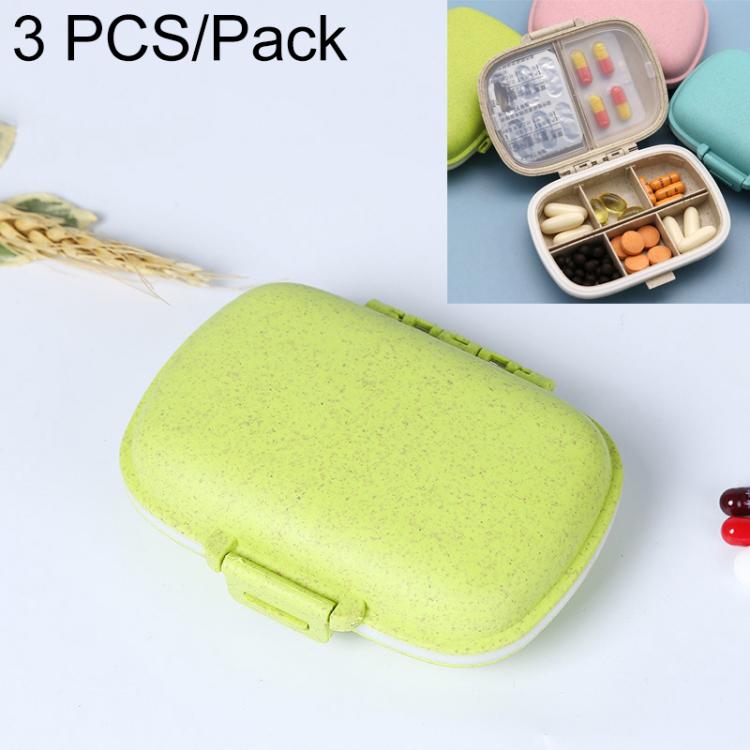 Portable straw pill storage box, wheat green closed clamshell with snap latch