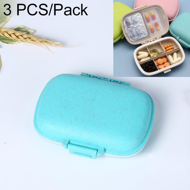 Portable straw pill storage box, wheat blue closed clamshell with snap latch