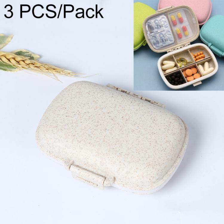 Portable straw pill storage box, wheat beige closed clamshell with snap latch